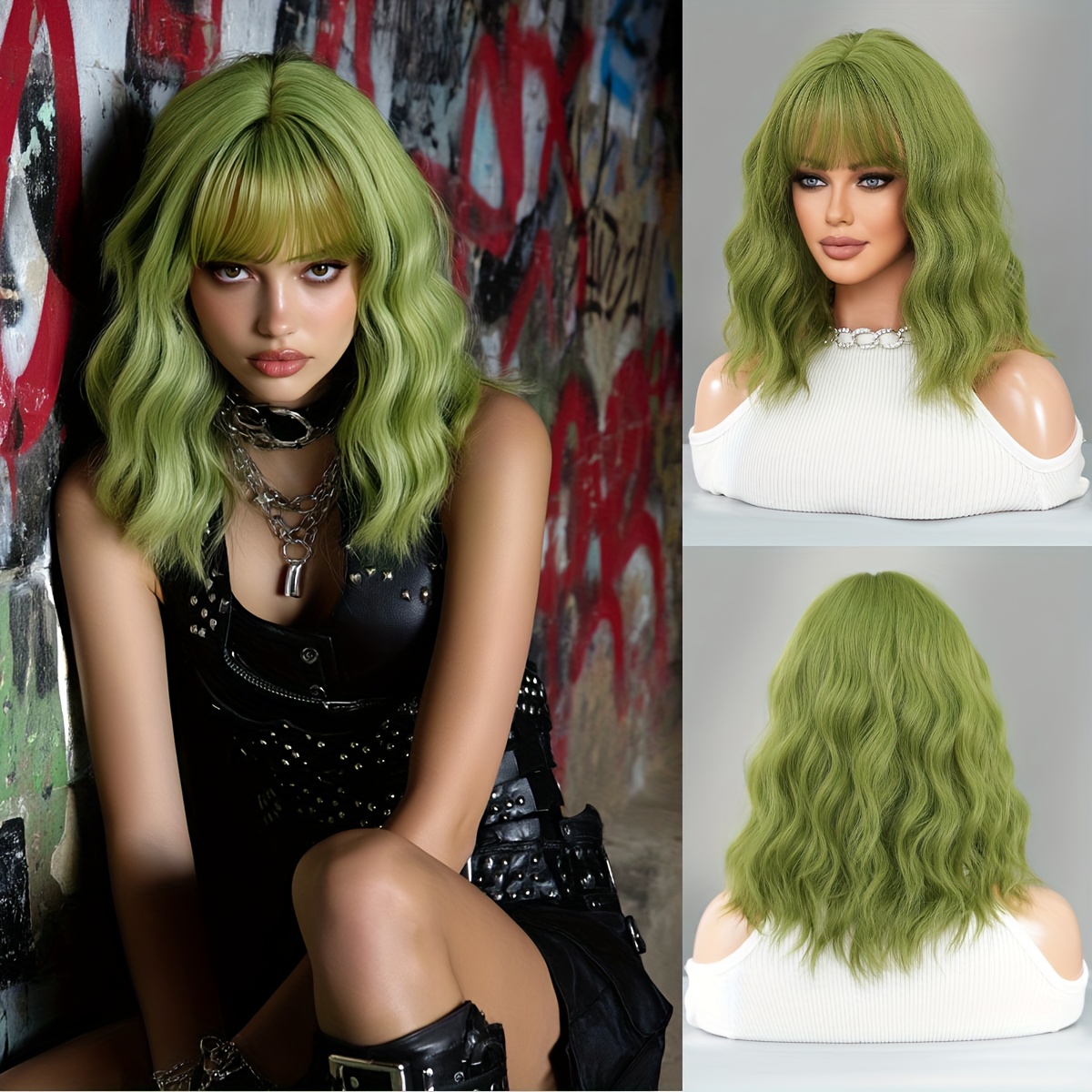TEMU Shoulder-length Green Wigs With Water Wave Style For Halloween Cosplay, Designed For Women. Modest Fashion Wigs Feature Neat Bangs And Are Made