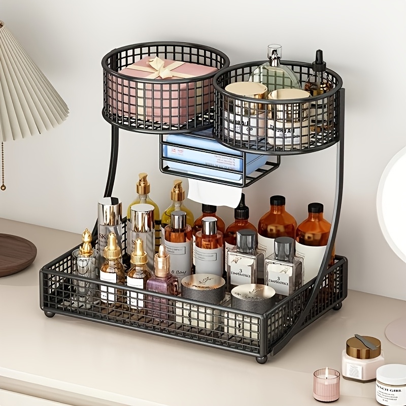 No Assembly Black Organizer With Tissue Box, Space-saving Countertop Shelf For Cosmetics, Kitchen & Bathroom Bottle Storage