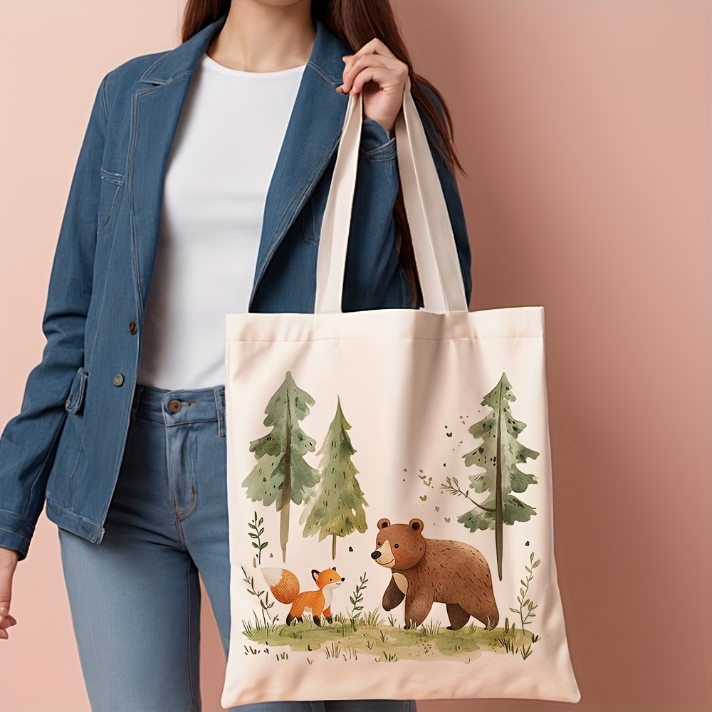 Image of 1pc, Forest Animals Canvas Tote Bag Reusable Grocery Bags (13.8"x15.8"), Stylish Shopping Bag For Daily Use, Commuting, Beach Travel, Grocery Tote, Reusable Storage Bag, Ideal Gift For , Nature