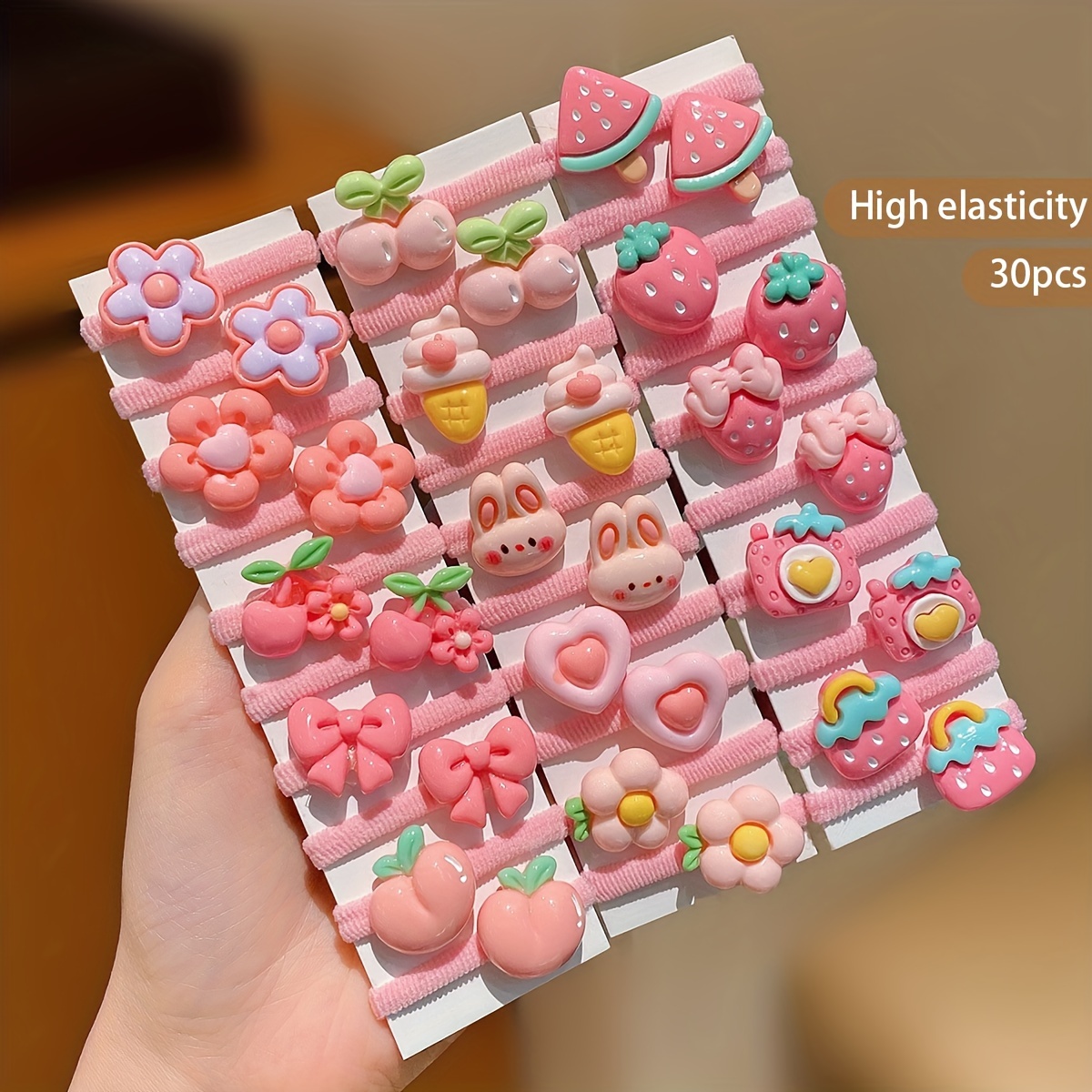 Image of 30pcs Cute Cartoon Theme Resin Hair Ties - Vibrant Mixed Colors With Flower, Heart, And Fruit Patterns - High Elasticity, For Teens - Perfect For Daily And Casual Wear, Ponytail Holders