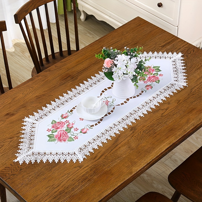 E-shop Eleganter Handgestickter Rosa Blumen-Tischläufer mit Spitzenbesatz - 100% Polyester, Romantische Zarte Serie für Esszimmer, Geburtstags- &