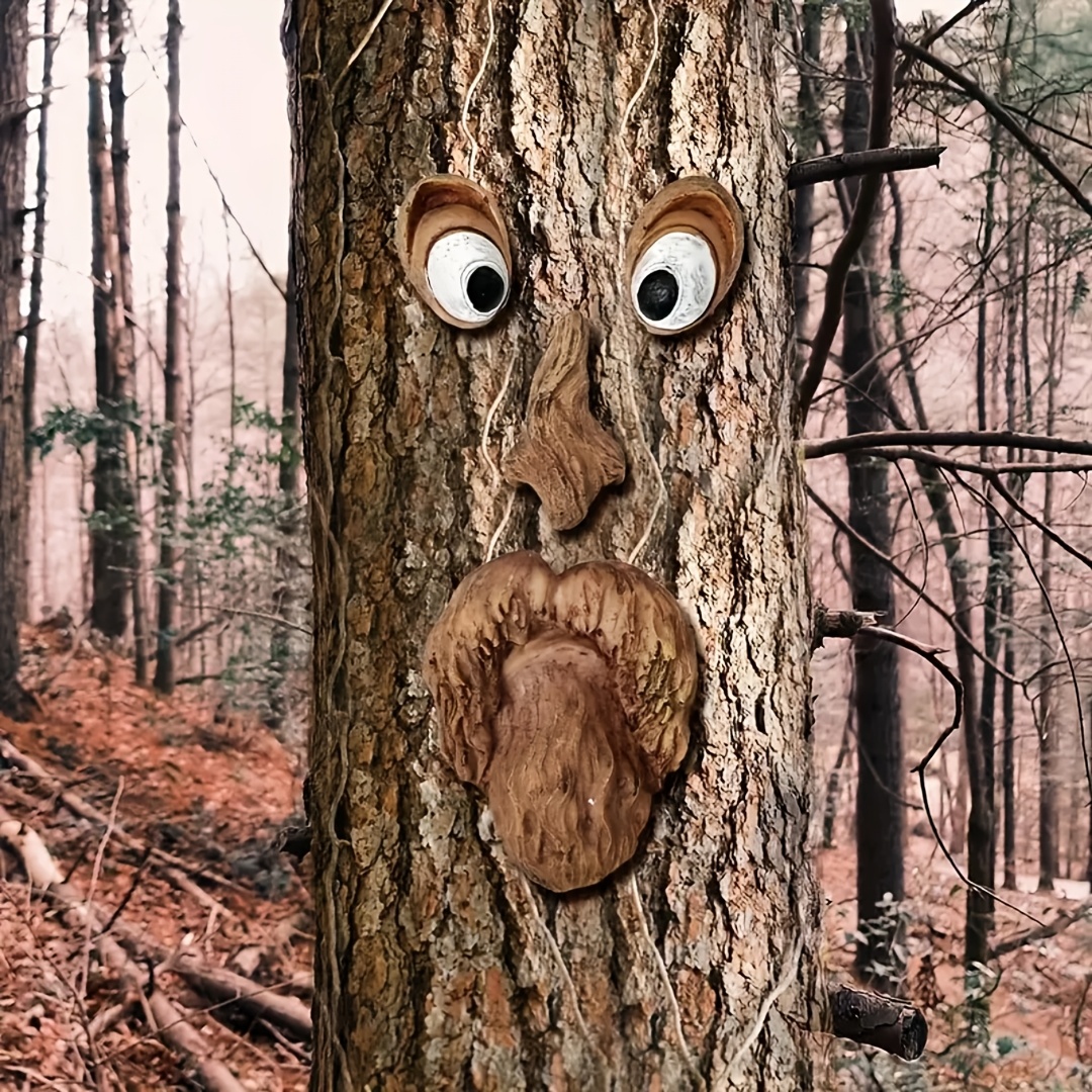 E-shop 4er-Set Garten-Dekoration Harzhandwerk Baumrinde Gesicht Baummonster Fünf Gesichtsornamente Outdoor Dekorationen