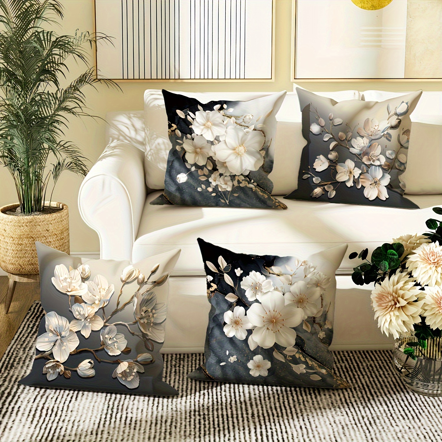 

4-piece Set Elegant Floral Art Design Throw Pillow Covers, Contemporary Style, Machine Washable, Geometric Pattern, Zippered, Woven Polyester For Living Room Decor