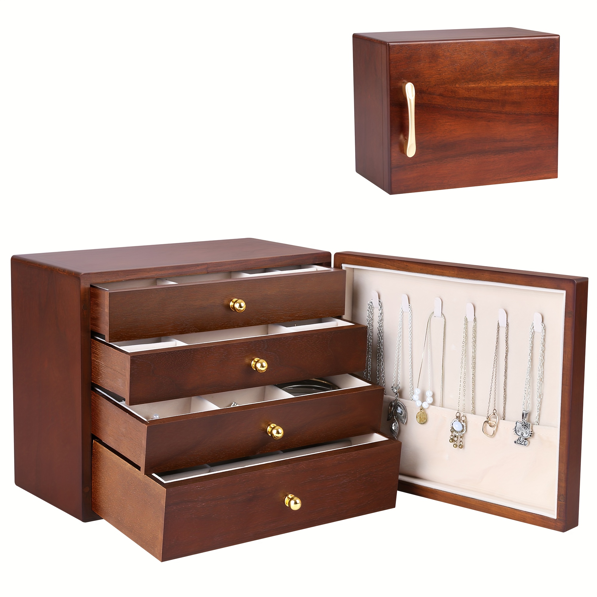TEMU Ladies' Wooden Jewelry Box, Four-tier Wooden Jewelry Organizer With Side Opening Door, Single-door Jewelry Display Stand For Earrings, Necklaces, Rings &ndash; Perfect Christmas & Halloween Gift