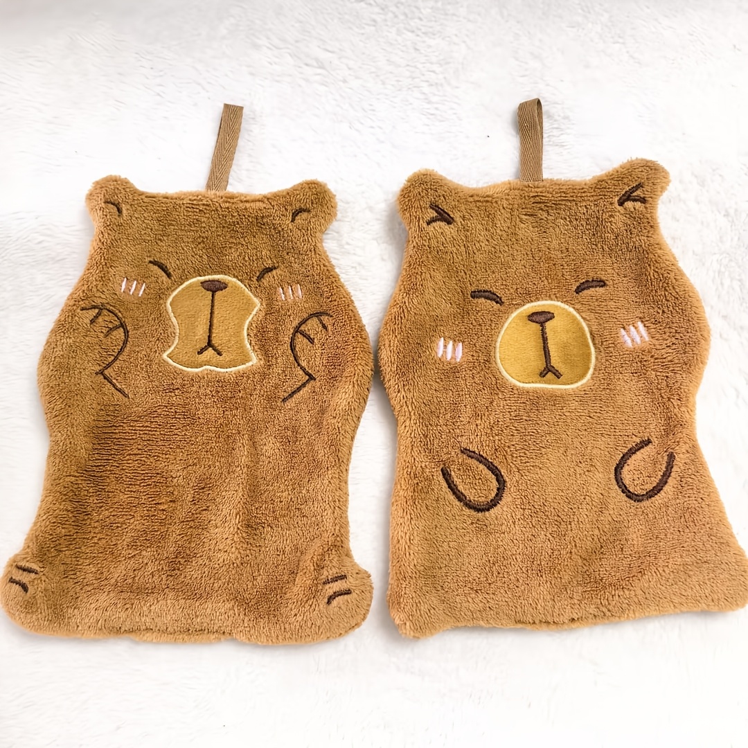 TEMU 2pcs Cute Capybara Shape Hand Towels, Quick-drying, Soft, Thickened Coral Fleece Material, Suitable For Kitchen And Bathroom, Hung For Storage