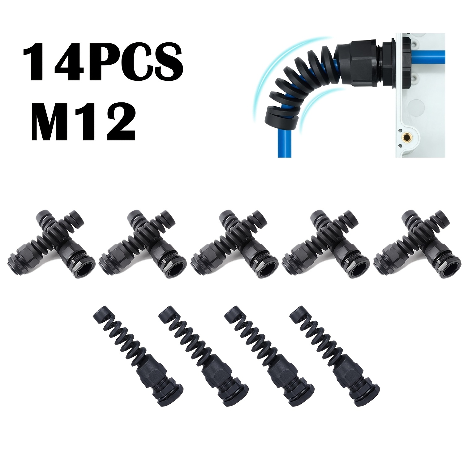 E-shop M12 Flex Spiralkabelverschraubung, Zugentlastungs-Kabelverbinder, Nylon-Verbindung mit Flex Spiral-Zugentlastung für 3,6/6,6 mm Kabelgewinde