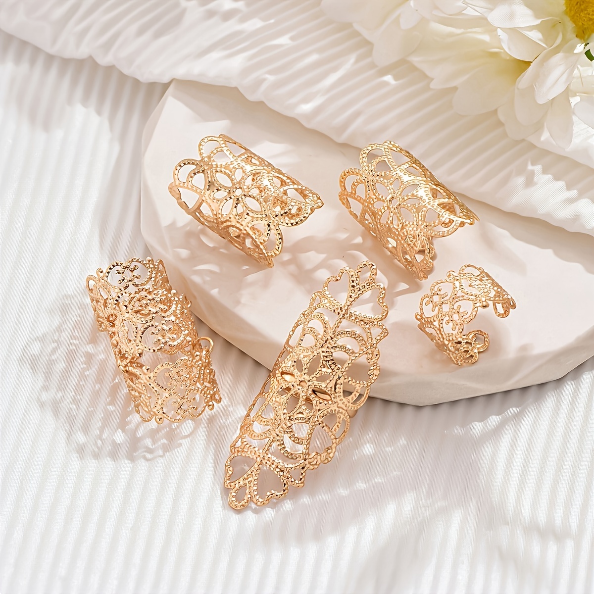 5pcs Gothic Hollow Flower Ring Set Adjustable Vintage Inspired Statement Rings