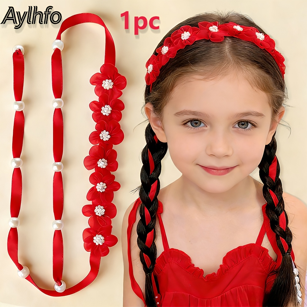 TEMU trenzada de 1 pieza con cinta larga de flores de organza, estilo de , para el pelo floral de estilo bohemio de moda, para el pelo, adecuada para