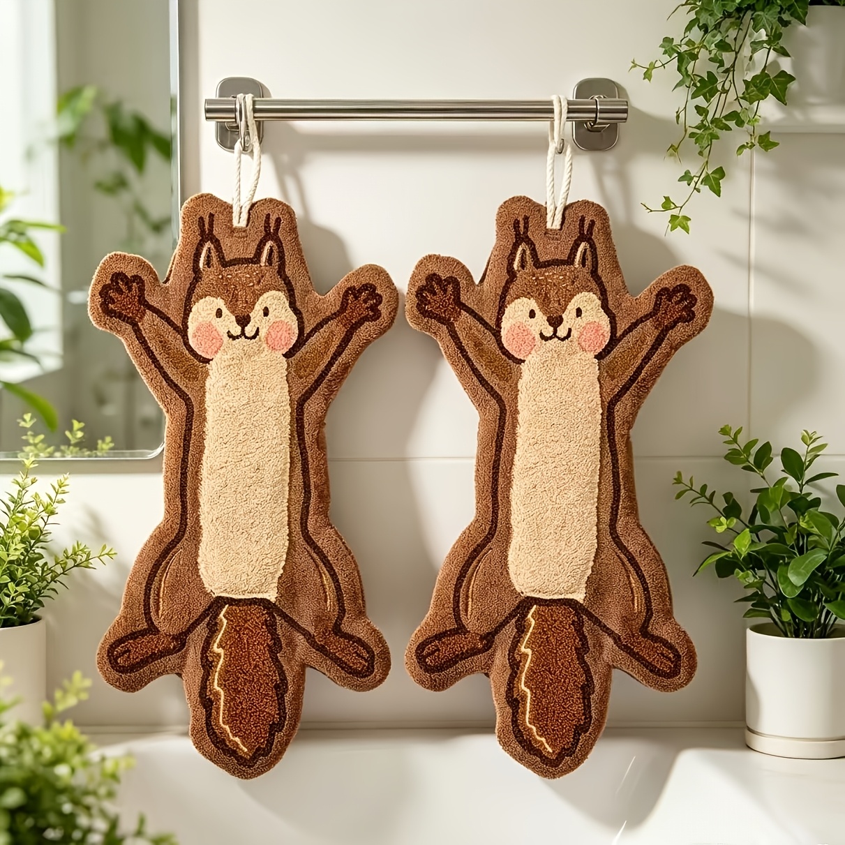 TEMU 2-pack Creative Squirrel Hanging Towels, Thickened Coral Fleece Quick-dry Absorbent Towels For Bathroom Kitchen And Toilet, Creative Fun Home