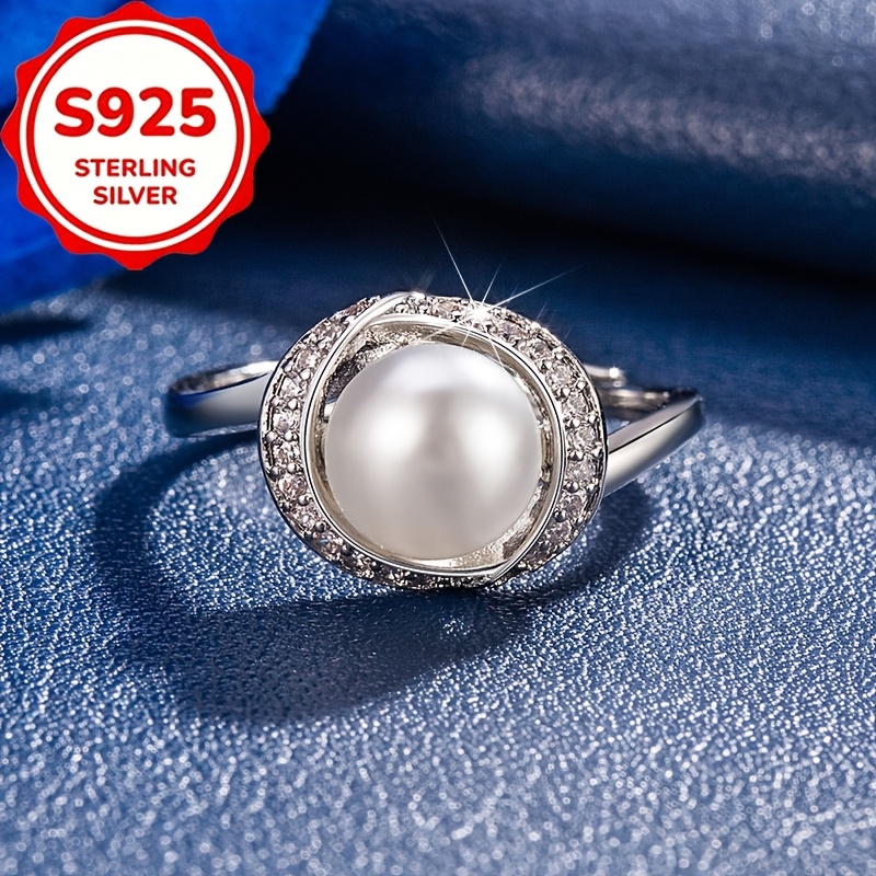 Women's S925 Silver Open Ring with Resin Pearl, Light Luxury