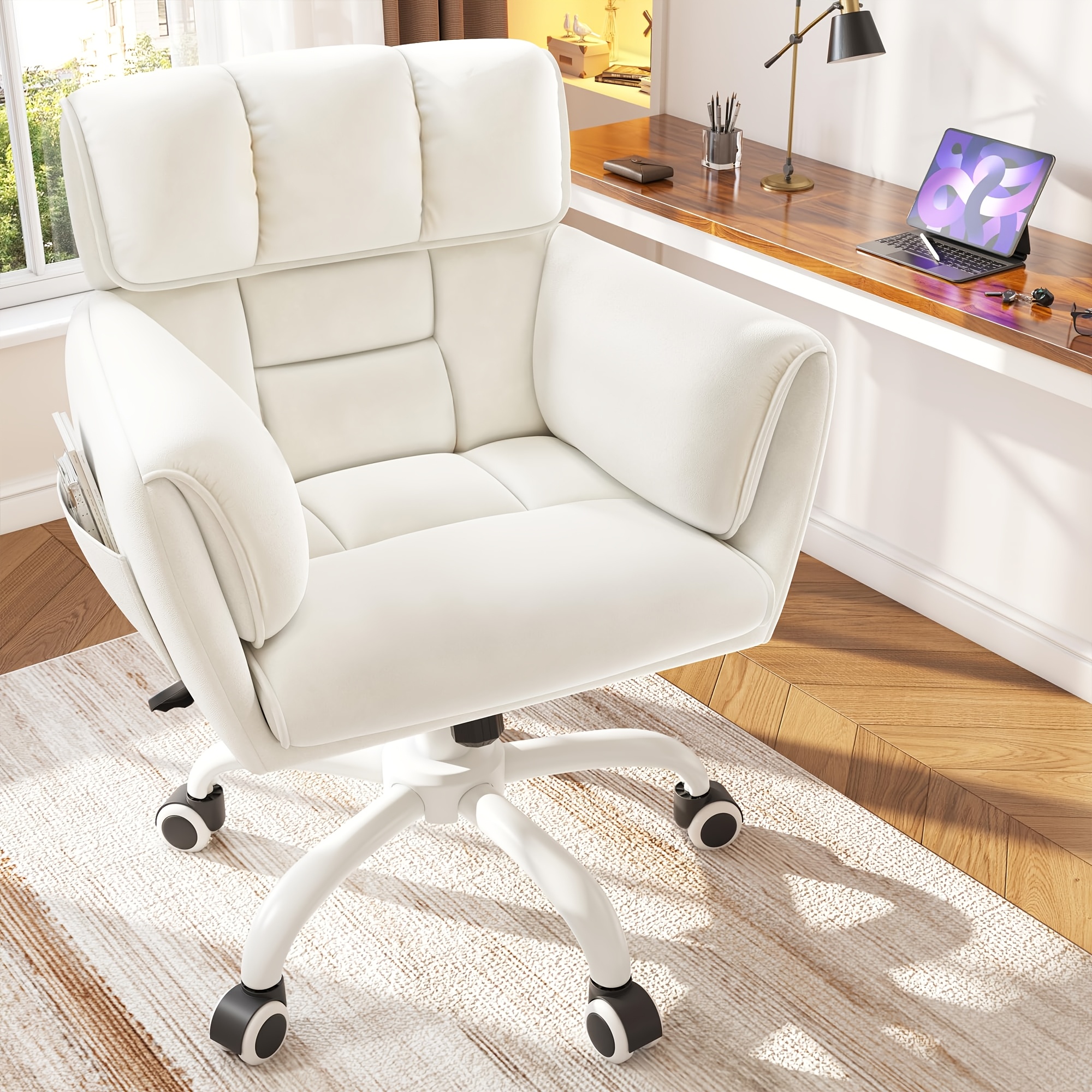 adjustable height vanity chair with swivel wheels     bed chair cushioned backrest pu upholstery easy assembly non wood for office dressing room ideal for Product details 0