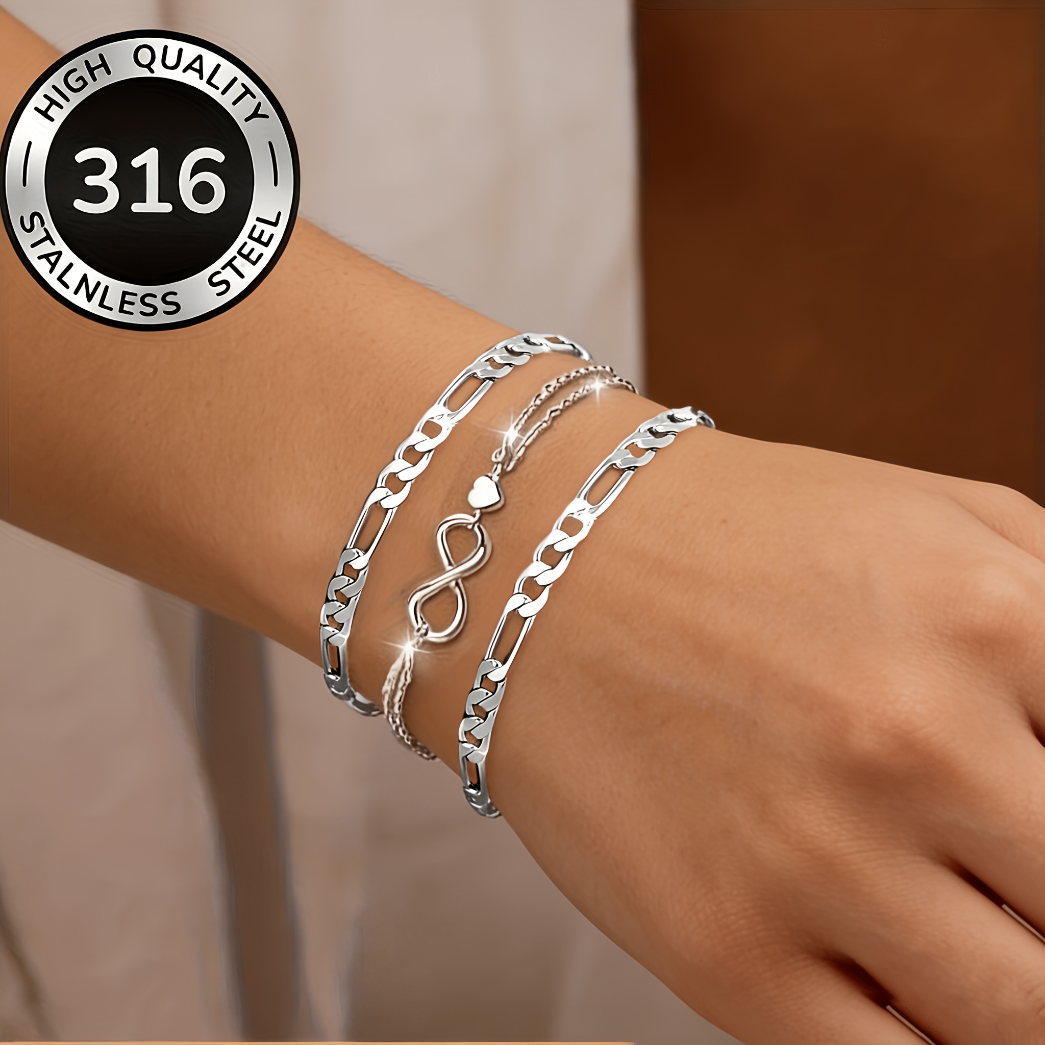 Image of 3pcs Set Steel Bracelet, Stylish 8-character Infinity High-end Design - With A Stylish And Versatile Cuban Bracelet, Elegant And Luxurious - Suitable For Men And Women