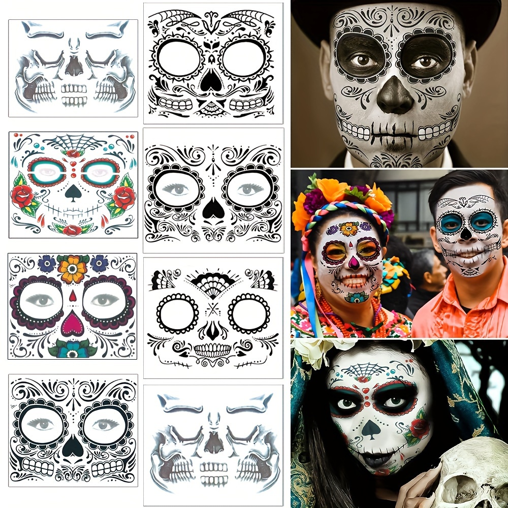 

8 Sheets Tattoos - Day Of The , Halloween Cosplay, , Diy Facial For Dancing & Parties