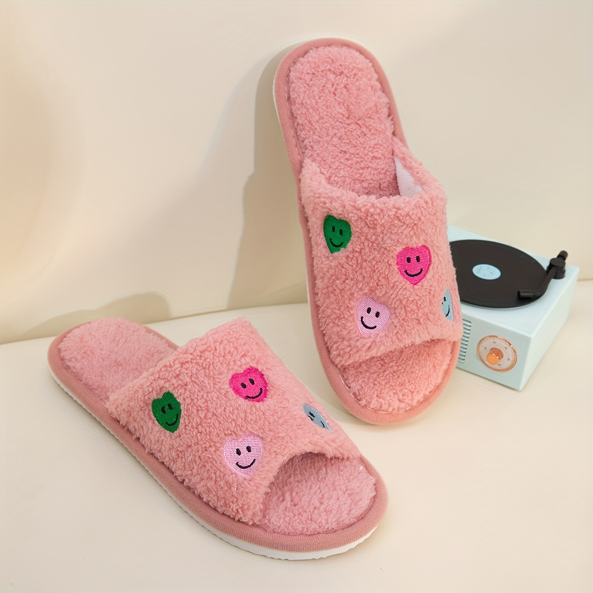 Image of Women's Home Slippers With Open-toe Heart Embroidery, Comfortable Indoor House Floor Slippers, Women Shoes