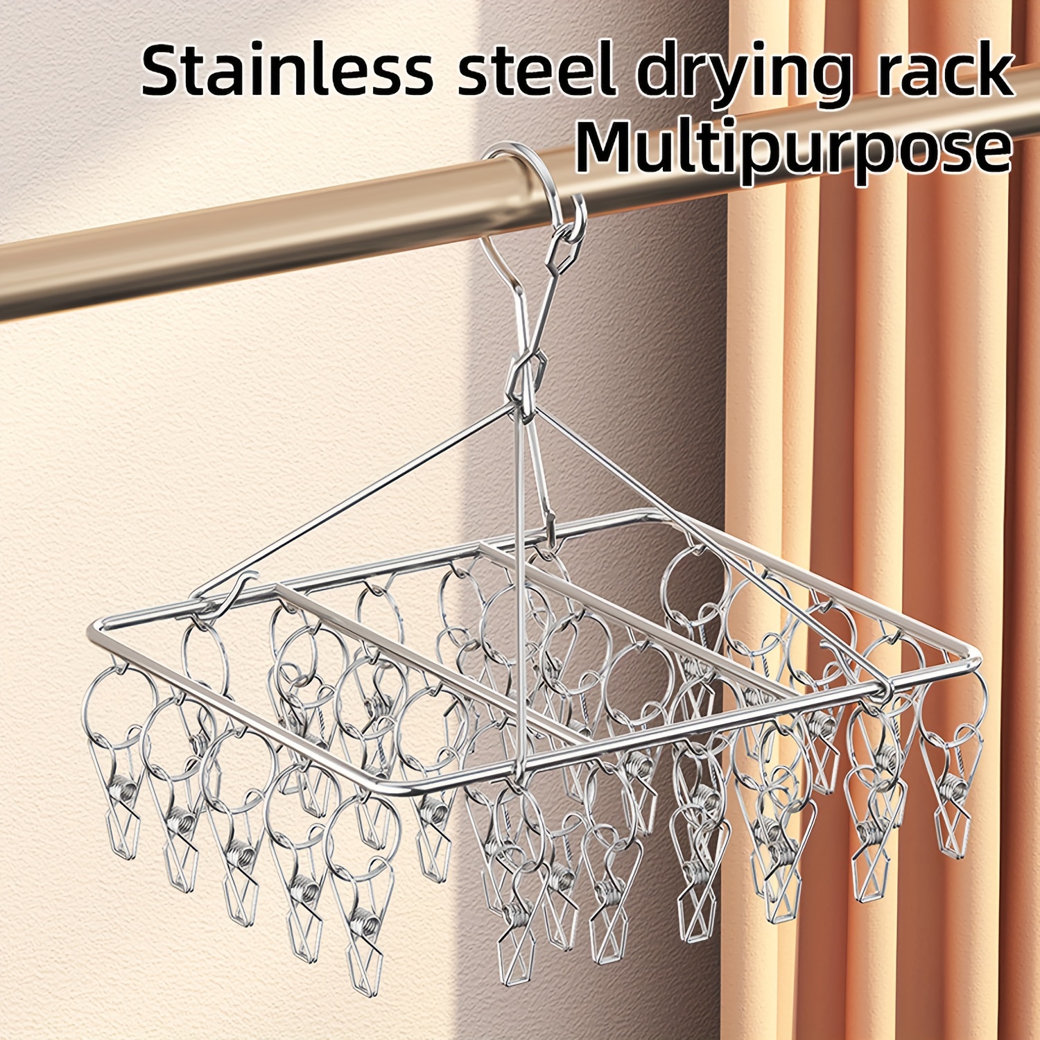 1pc stainless steel sock drying rack with multiple clips windproof swivel hook   socks bras underwear essential laundry accessory details 0