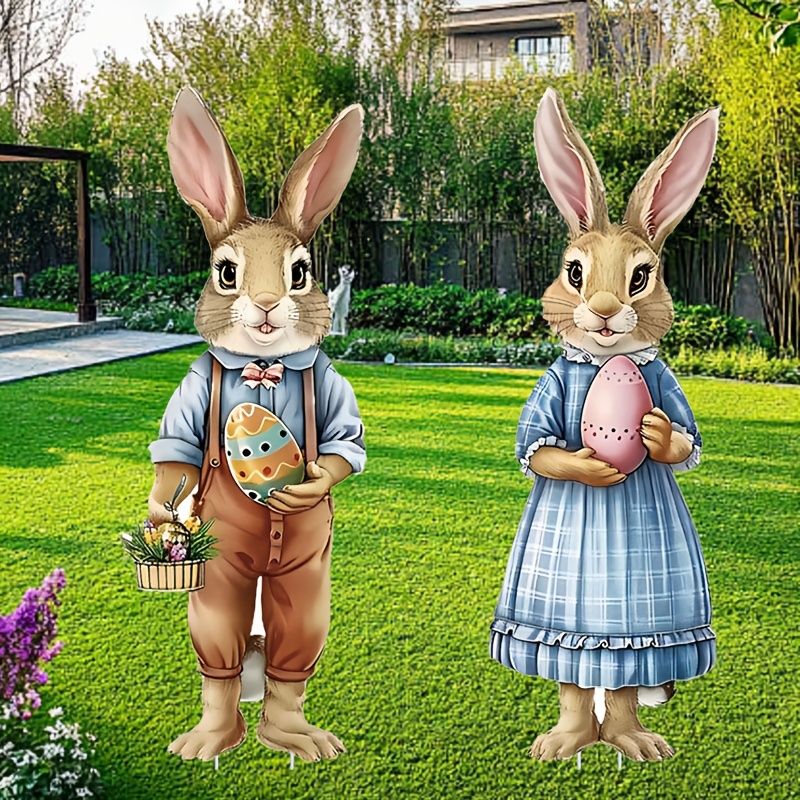 

2-pack Easter Bunny Yard Signs, Polypropylene Stake Decorations, No Electricity Needed, Featherless, Universal Holiday Rabbit Theme Outdoor Lawn Decor For Easter Party And Spring Patio