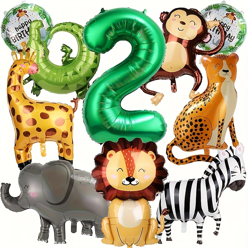 Image of 10 Jungle-themed Foil Balloons Featuring Wild Animals, Including Monkeys, Elephants, , , Crocodiles, And Giraffes, Perfect For Birthday Party Decorations, For Halloween, Christmas