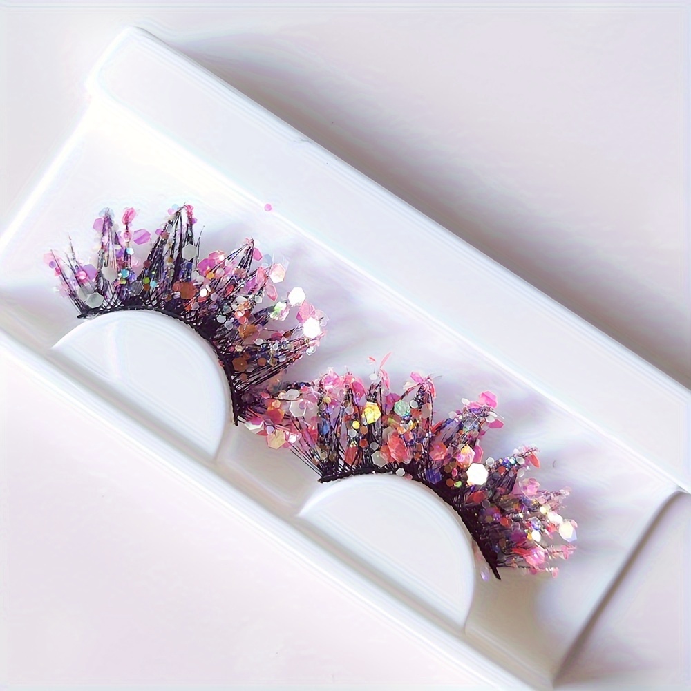 Image of 1 Pair, Glitter False Eyelashes Sequin Fluffy C Lashes 25mm 3d False Eyelashes Glitter Diamond Thick Lashes For Natural Makeup, Stage Makeup, False Eyelash For Halloween Christmas Party Use