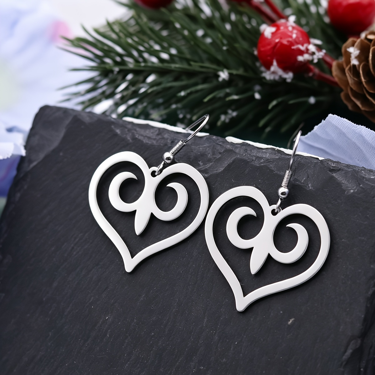Hollow Heart Double Spiral Drop Earrings, Geometric Boho Jewelry