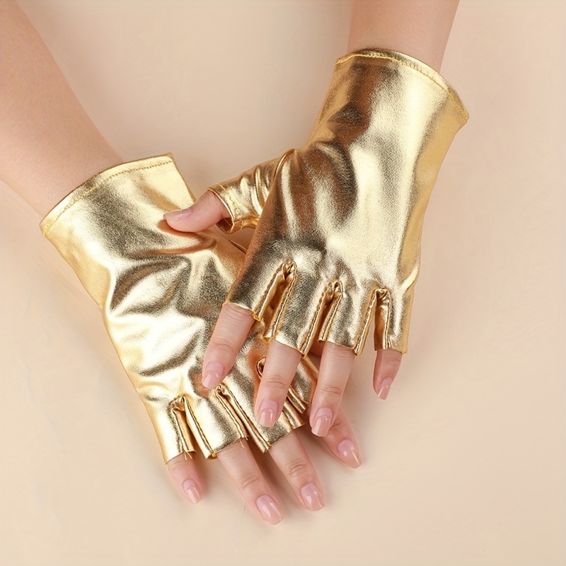 TEMU 1 Pair Of Golden, Silvery, And Black 3 Color Patent Short Stage Performance Gloves With Half Fingers For Male And Female Performances,
