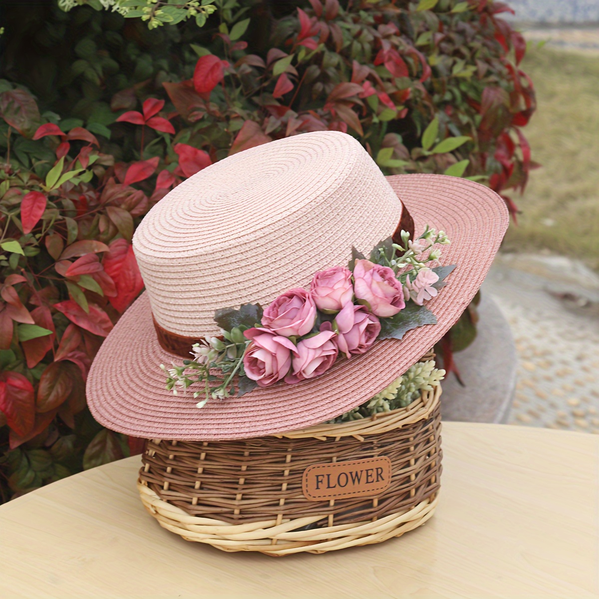 1pc floral embellished paper straw hat flat brim sun hat - Temu display picture 1