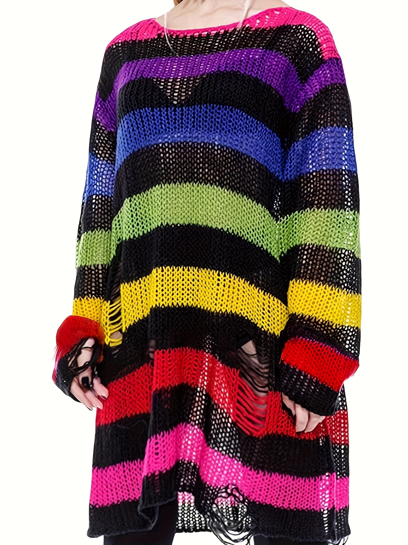 Colorful Striped Pattern Ripped Sweater, Casual Long Sleeve Drop Shoulder Sweater For Spring &amp; Fall, Women's Clothing