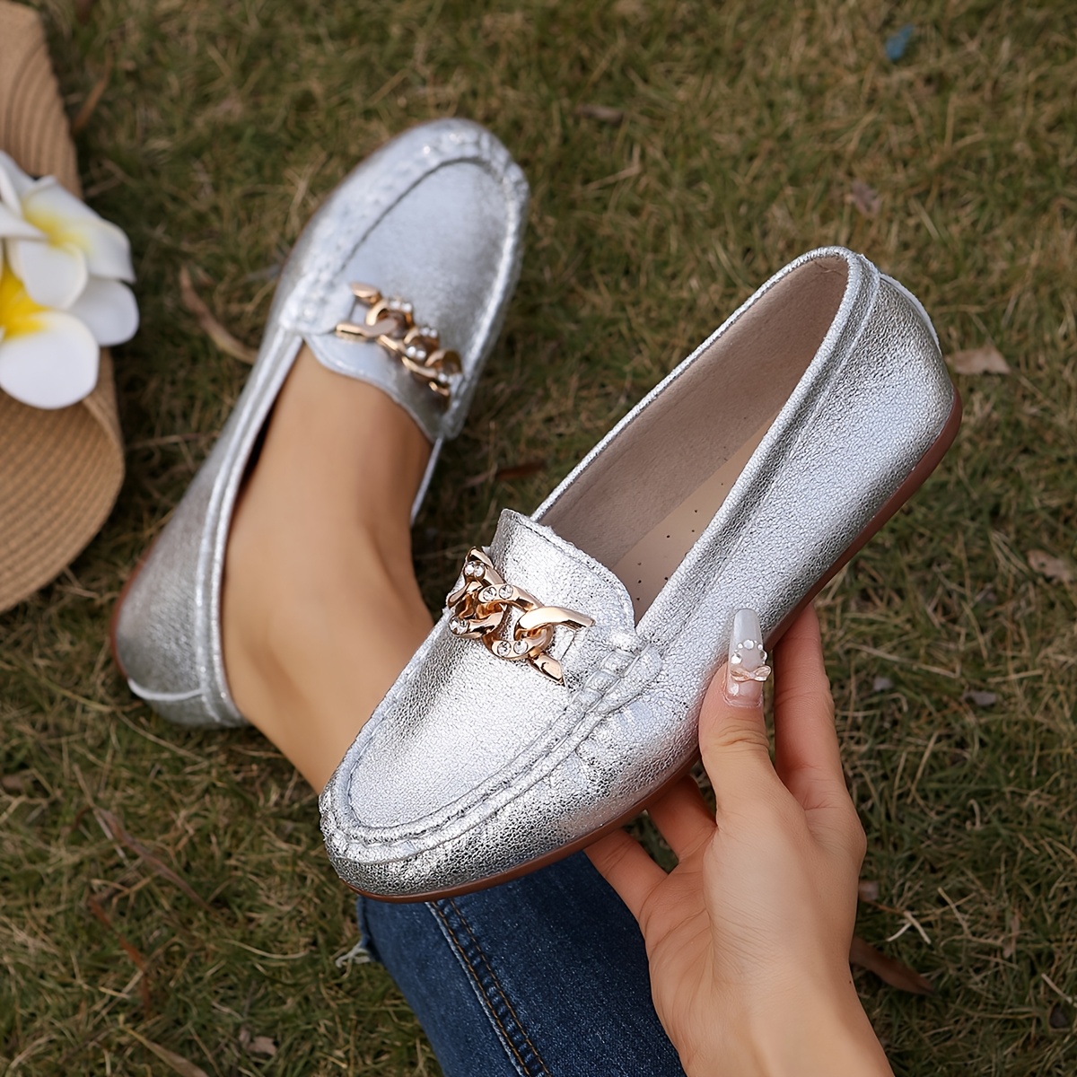 Zapatos de Mujer Rosa Metálicos Sin Cordones Plantilla Antideslizante  de Goma, Zapatos Cómodos Casuales con de Cadena para el T