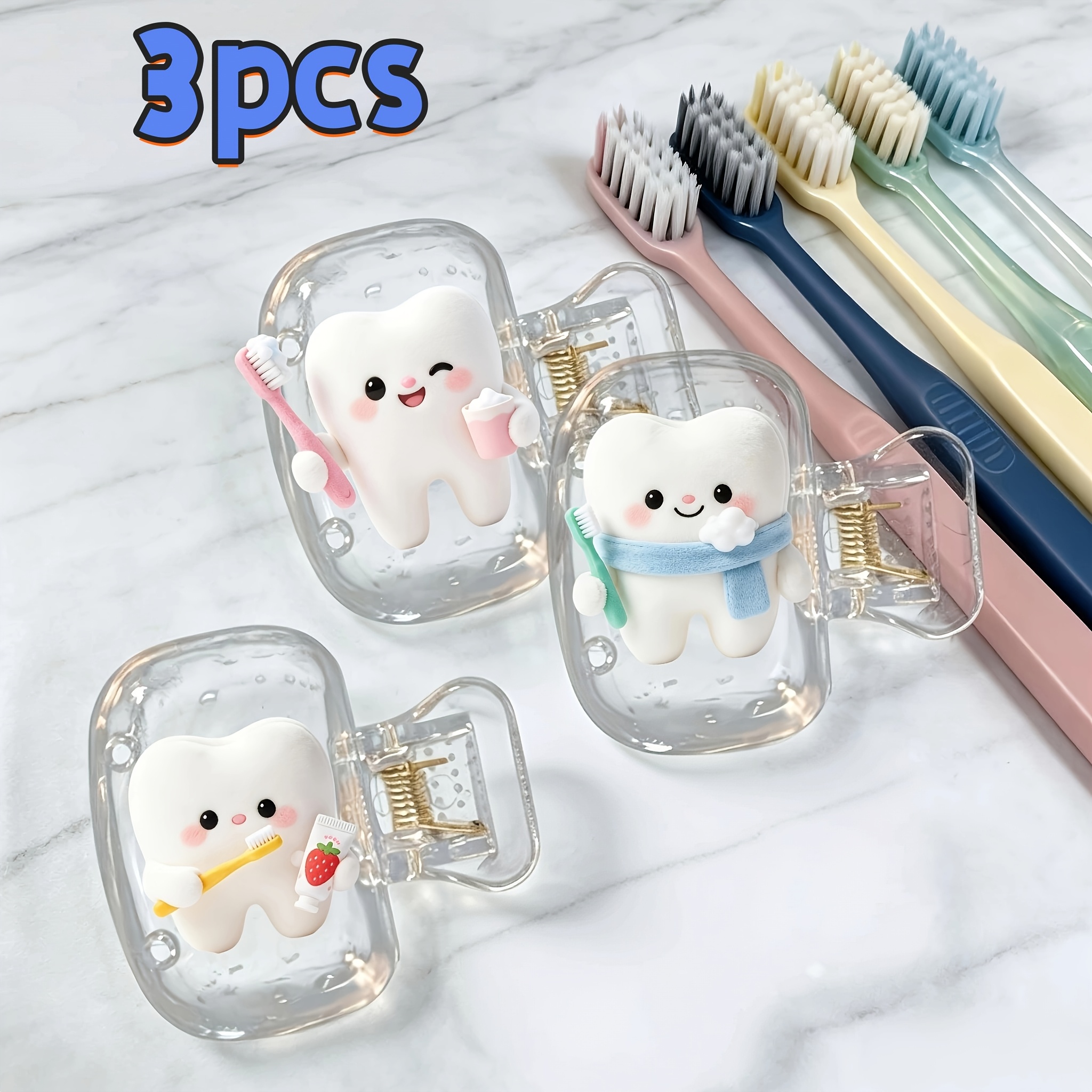 TEMU 3pcs Cute Tooth Holding Toothbrush Pattern Toothbrush Protective Cases - Suitable For Various Sizes Of Travel Kits, With Ventilation Holes To