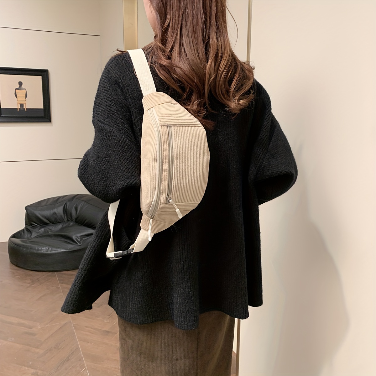 

Sac Bandoulière en Velours Chic pour Femme - Léger, Bandoulière Ajustable, Design à Rayures en Crème/Noir