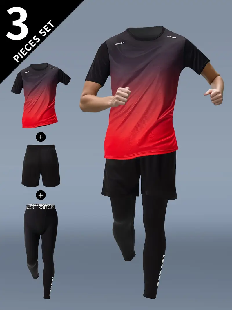 3pcs mens fitness set athletic shorts short sleeve shirt running jacket blue to black gradient stretchy polyester blend crew neck summer sportswear for running and training workout apparel gradient design knit construction gym clothe Product details 0