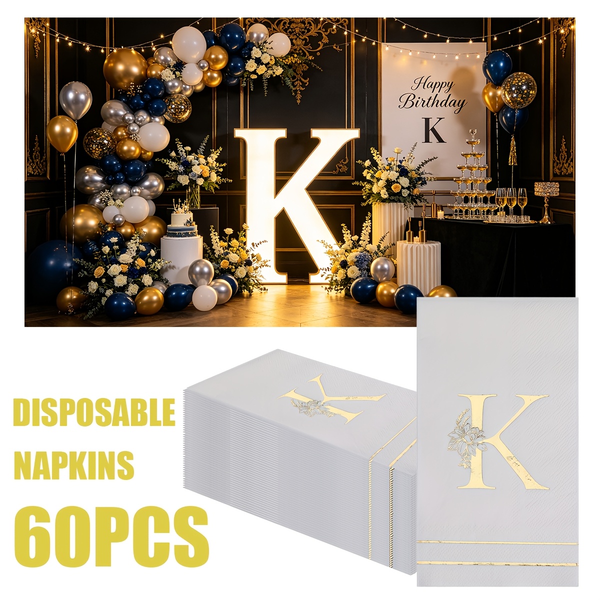 품목 사진 60개입 2026 신상 스타일 2겹 금박 스탬프 문자 k 냅킨, 12.99x15.75인치 - 레스토랑, 주방, 커피숍용   파티 테이블 장식 티슈