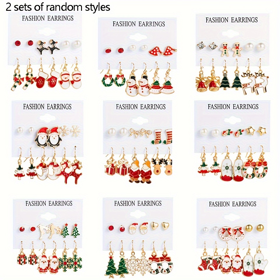 

2 Sets (12 Pairs) Christmas Series Snowflake Bell Earring Combination Set Cartoon Reindeer Elderly Earrings (style Random)