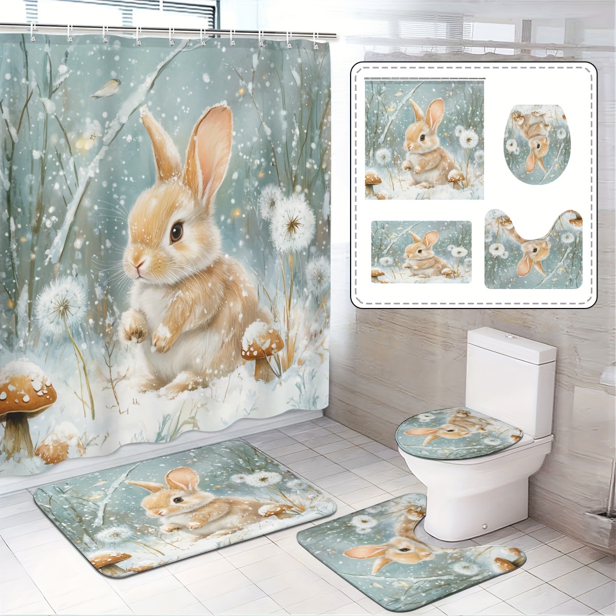 

Rabbit Bathroom Shower Curtain Set 12 - , Includes Lid And Bathtub Mat (1/3/4 ) - , , Polyester Decor