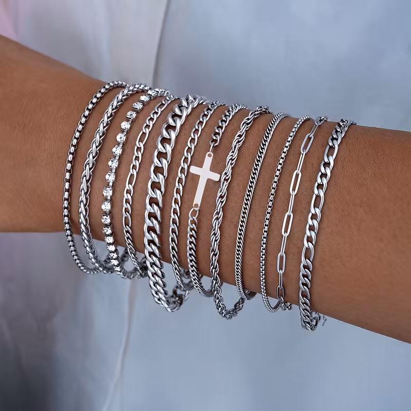 8pcs minimalist hip hop style stainless steel hollow cross chain bracelet set suitable for sports dates gifts parties and casual wear Product details 2