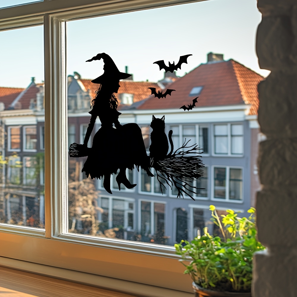 2d Flat - 2d Flat - Self-adhesive Halloween Window Decorations Featuring A Witch, Broomstick, Black Cat, And Bat Decals, Perfect For Festive Home Decor. Size: 23*23cm/9.1*9.1inch