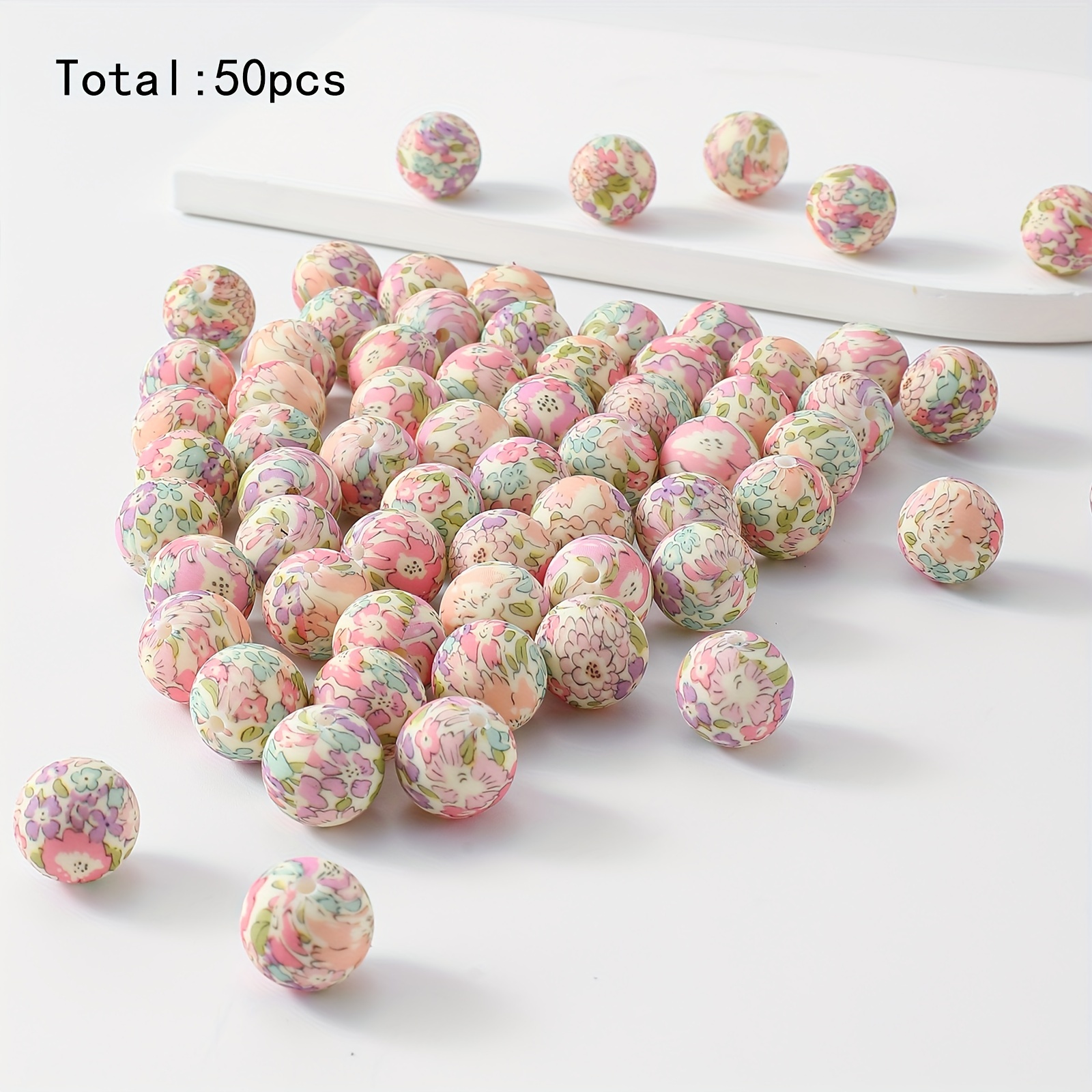 TEMU 50pcs Silicone Printed Beads Beads 15mm Printed Beads Silicone Spacer Beads For Keychain Making Bracelet Necklace Diy Pen Beads