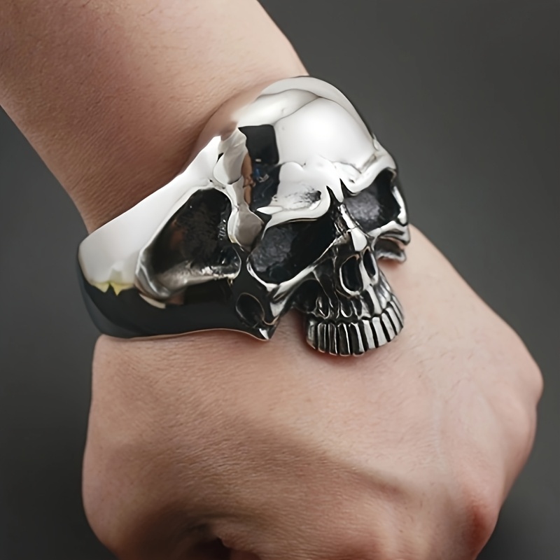 TEMU 1pc Vintage Gothic Silvery Skull Open Bracelet, Men' Hip Hop Rock Riding