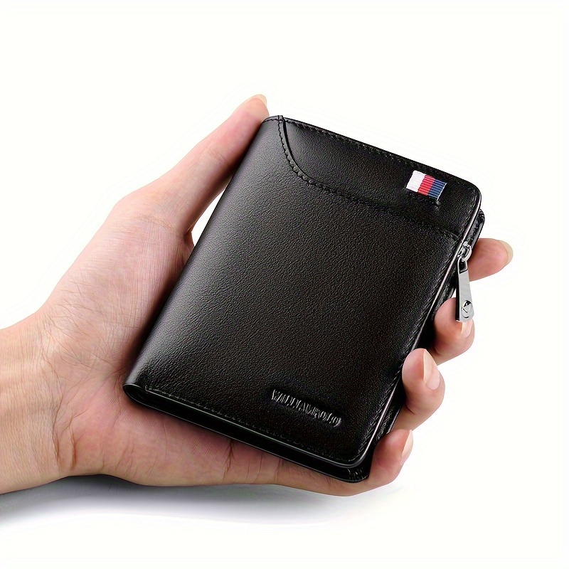 

Portefeuille en cuir de vachette pleine fleur pour homme avec poche à monnaie, style , couleur unie, doublure en cuir PU, portefeuille pliable portable avec fermeture éclair sécurisée - Noir