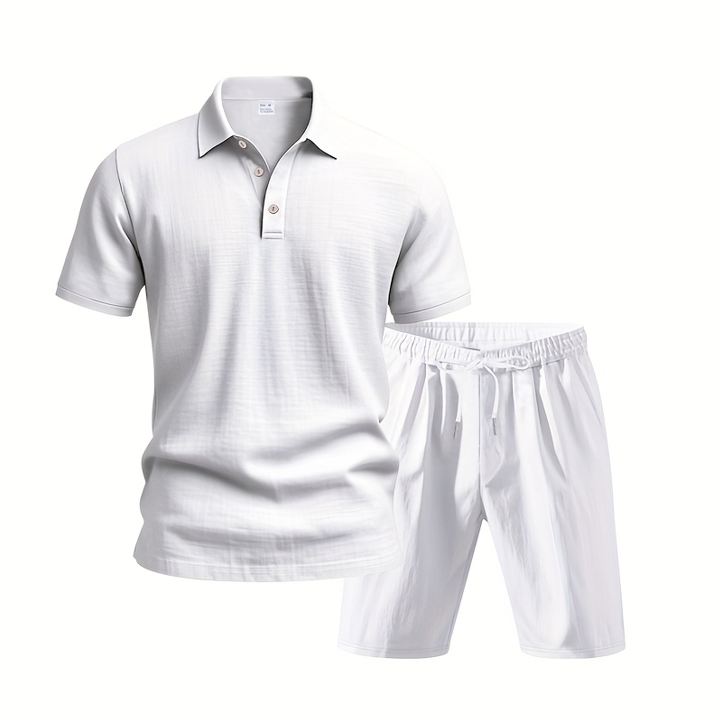 Men's Linen Short Sleeve Shorts Set, Summer Outdoor Sports Casual Breathable Short Sleeve Shirt with Shorts