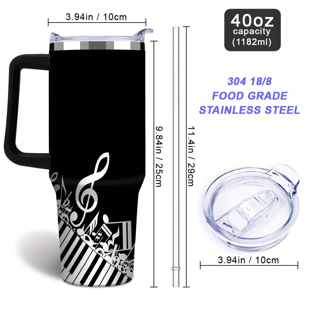 40oz 피아노 노트 텀블러: 손잡이와 빨대가 있는 대용량 스테인리스 스틸 여행 머그잔, 자동차 통근 및 교사 생일 선물에 완벽합니다.