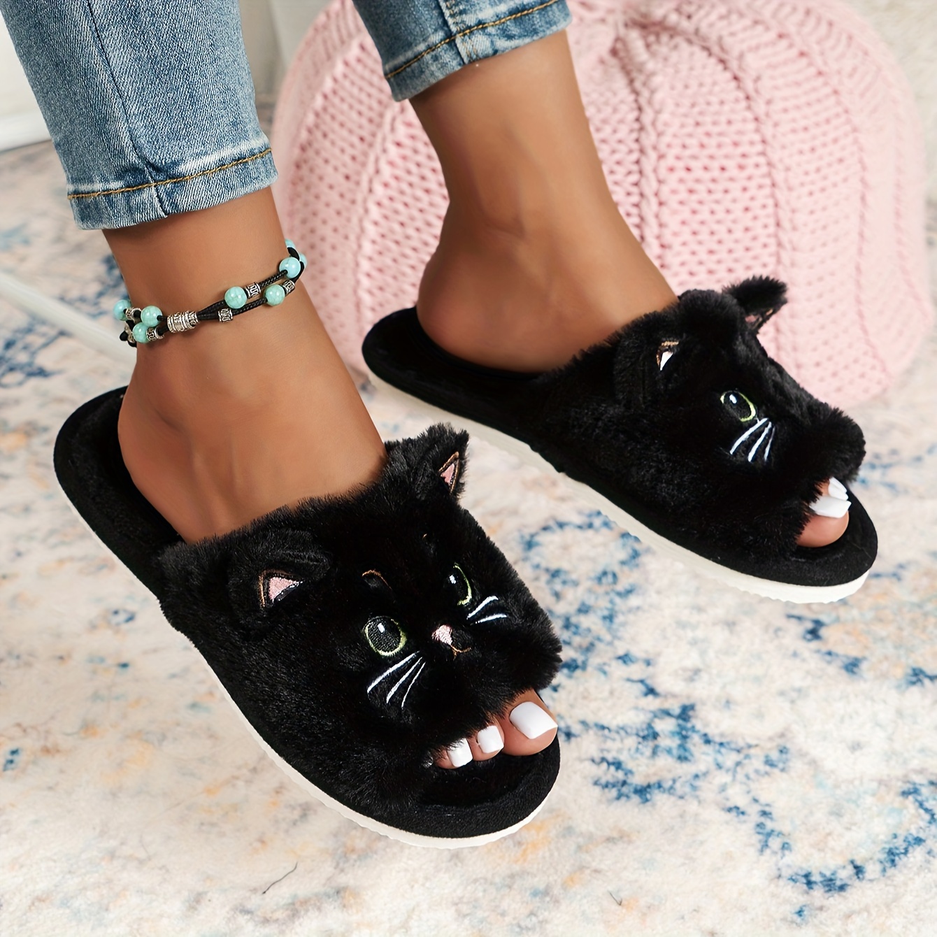 

Cozy Black And White Cat Slippers For Women - Soft Fleece, Non-slip Eva Sole, Hand Wash Or Dry Clean, Perfect For Indoor Use - Available In All Seasons