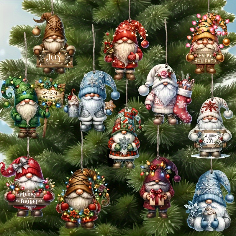 

12 Handmade Wooden Christmas Gnomes Hanging Ornaments - No Batteries Required, For The Holidays