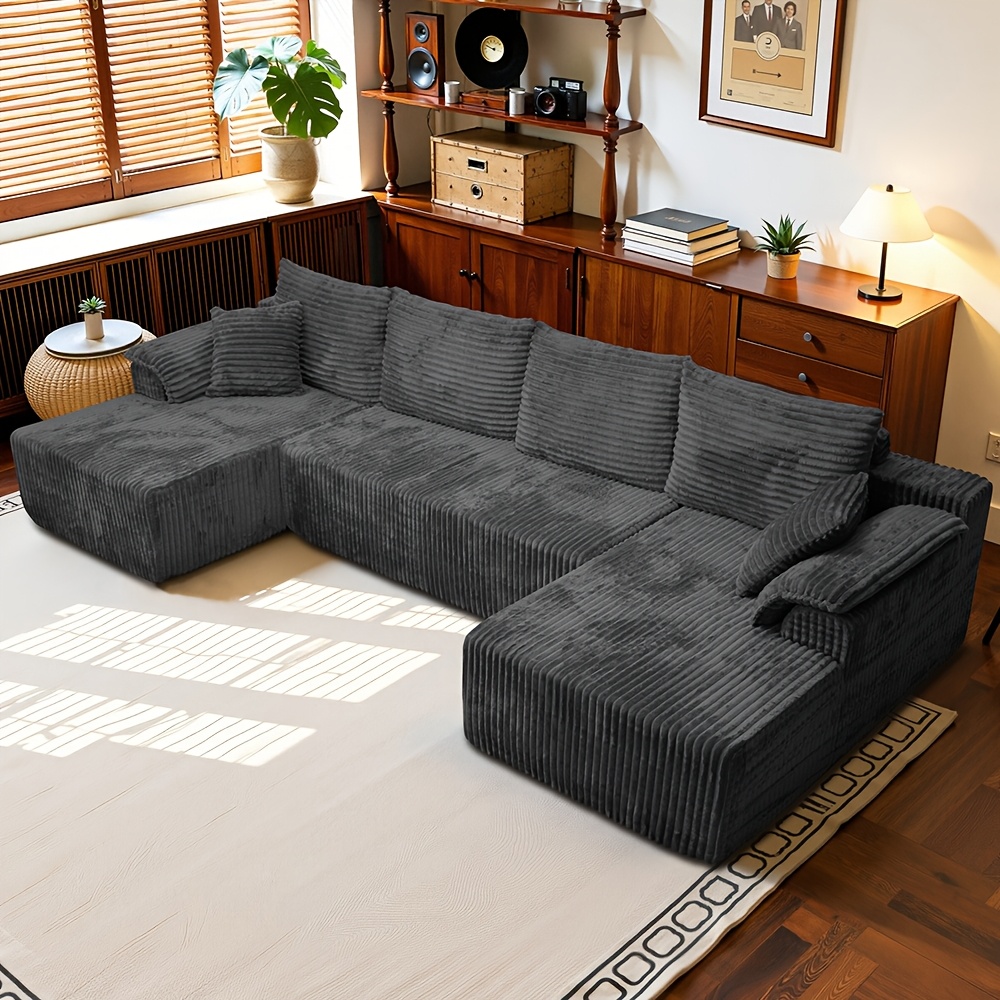 4-in-1 Convertible Bed, U Shaped Sectional Couch With Corduroy Fabric And Chaise Lounge, Heavy Duty Sofa For Living Room, No , Pet Friendly Comfortable Couch For Small Space Apartment