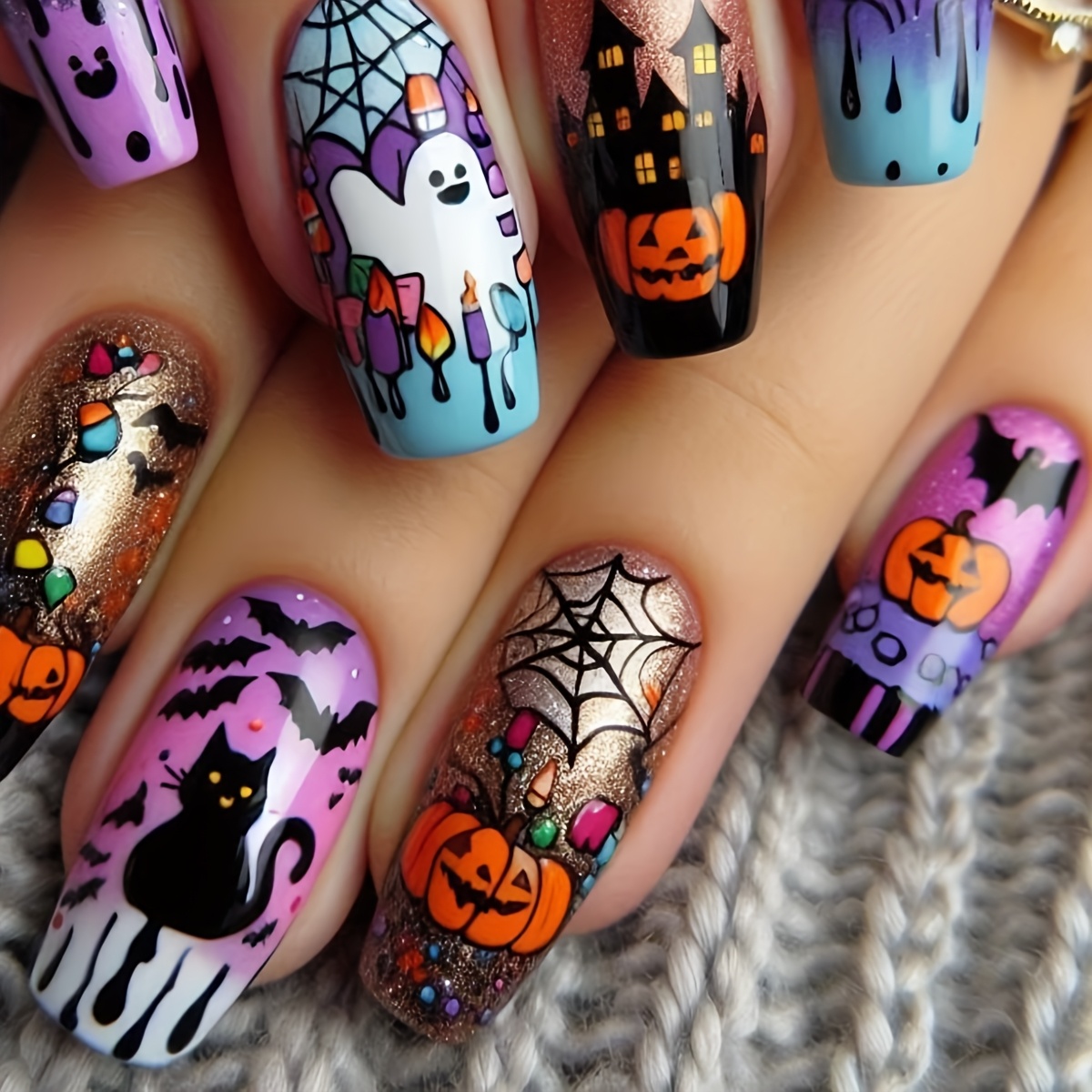 TEMU 24pcs Halloween Rectangle Nail Purple Gradient Castle Print Decoration Full Coverage Press Fake Nails Set Suitable For Women's Halloween Nail Art Decoration