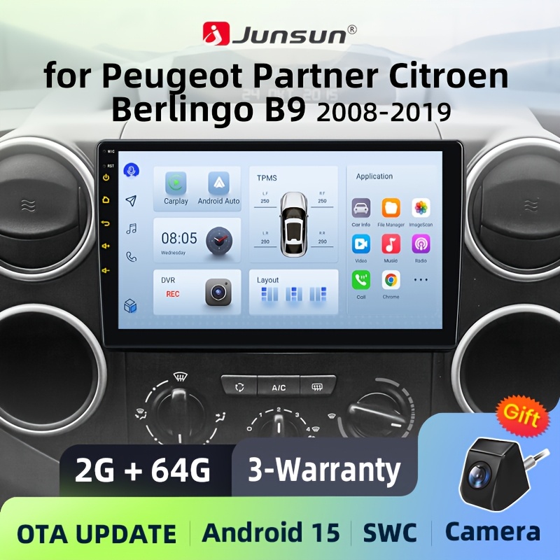 Image of Junsun Car Radio For Berlingo B9/ For 2008 2009 2010 2011 2012 2013 2014 2015 2016 2017 2018 2019, For 15, 2+64gb, & For Auto, Touchscreen, Fm Rds, Swc, Ota, Gps Navigation, Wireless 5.0 + Rear