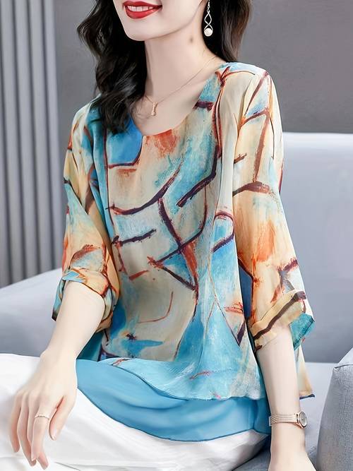 womens 3 4 sleeve blouse with geometric floral print double layer lightweight polyester shirt round neck machine washable top for spring wear