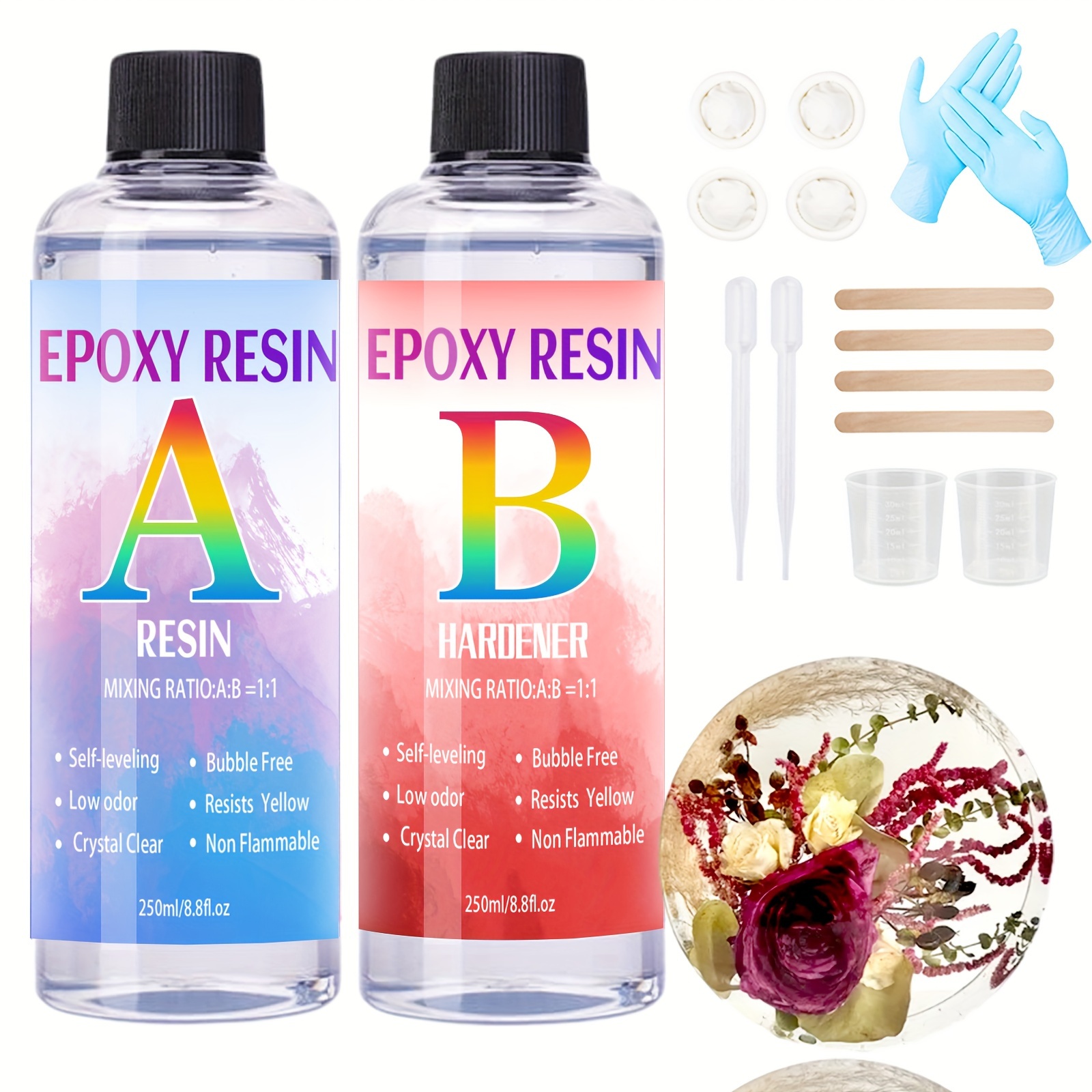 

500ml/242ml/122ml 1:1 Mix Epoxy Resin Kit, Crystal Clea Epoxy Resin Kit Fast Curing Heat Resistant For Casting Coating Art Diy Craft Jewelry Making, Wood Table Top Flower Preservation