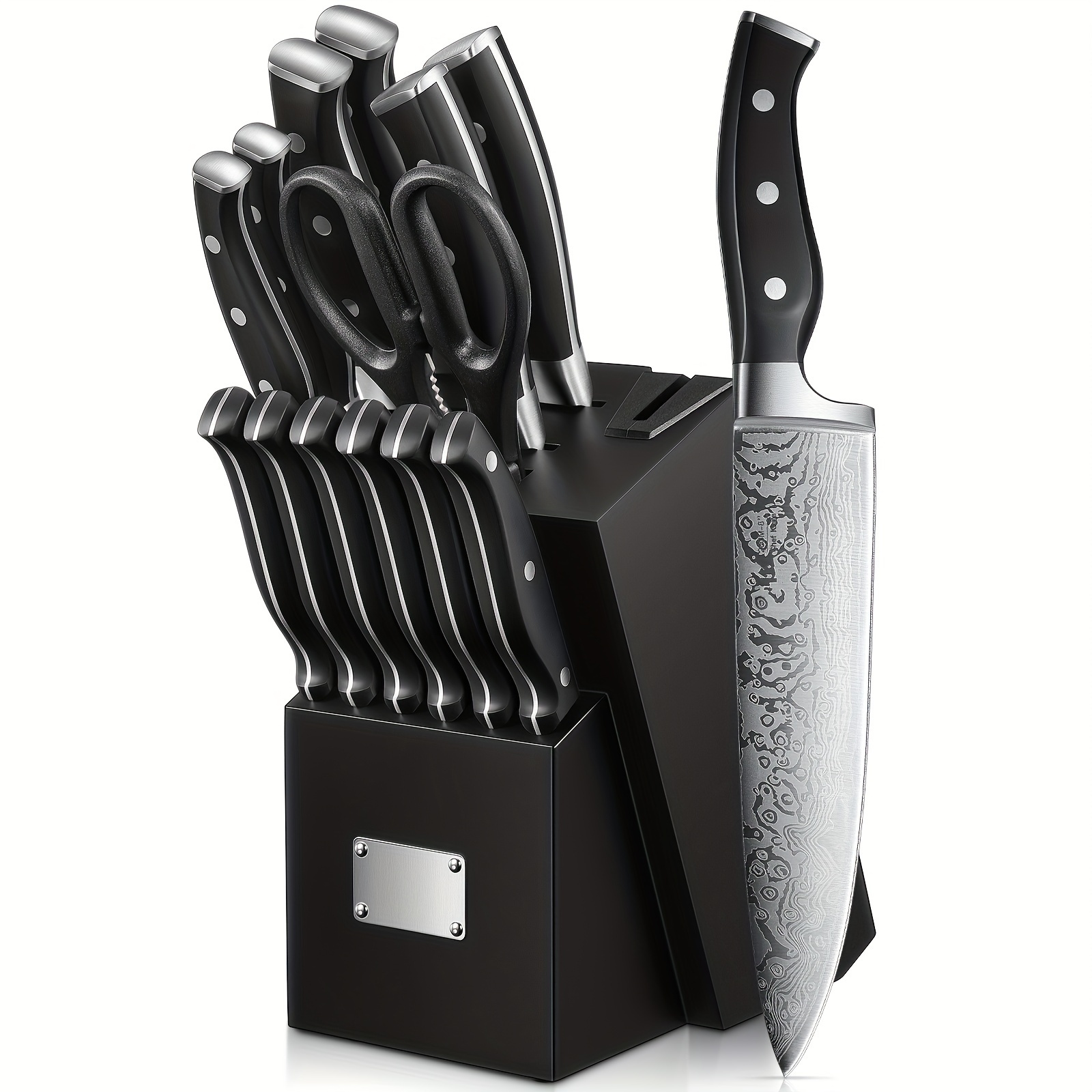 

14 Pieces Kitchen Knife Set With Built-in Sharpener, Stainless Steel Kitchen Knives With Unique Pattern, Non-slip Handle, Black