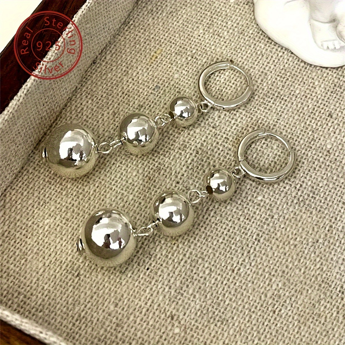 Image of 925 Sterling Silver Hanging Ball Earrings With Pure Silvery Glossy Face Double Ring Earrings Suitable For Women' Wear