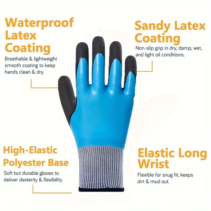 2 Pairs Superior Grip Waterproof Work Gloves, Double Latex Coating Gloves,  Durable Fit For Gardening Fishing Car Cleaning Multi-Purpose